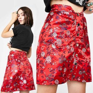 Seven Wonders China Doll Red Floral Satin High Waist Mini Skirt Women's Size 4